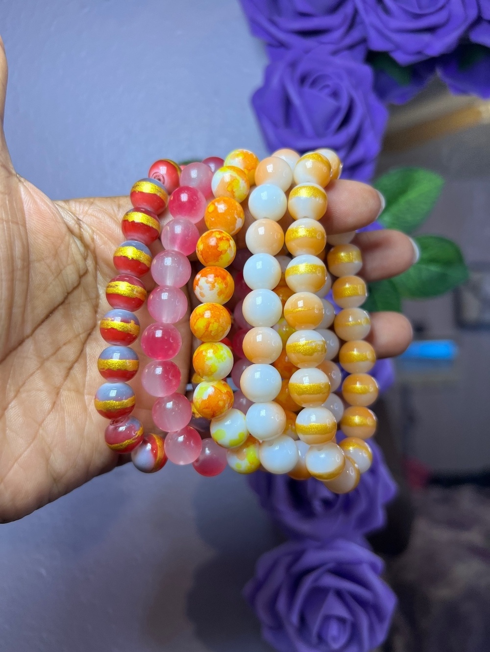 5pc Red Orange Gold Glass Beaded Stretch Bracelet Set